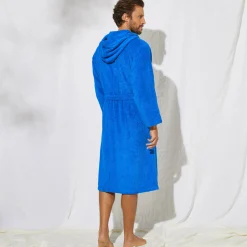 Badjas<Colombine Badjas in lusjesbadstof, kraag met kap, unisex volwassenen felblauw