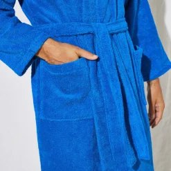 Badjas<Colombine Badjas in lusjesbadstof, kraag met kap, unisex volwassenen felblauw
