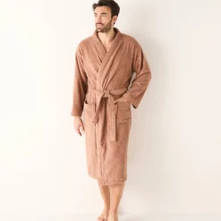 Badjas<Colombine Badjas in lusjesbadstof met kimonokraag, unisex volwassenen kastanje