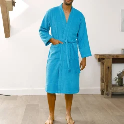 Badjas<Colombine Badjas in lusjesbadstof met kimonokraag, unisex volwassenen turkoois