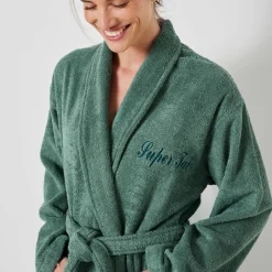 Badjas<Colombine Badjas in lusjesbadstof met sjaalkraag, volwassenen, personaliseerbaar eucalyptus