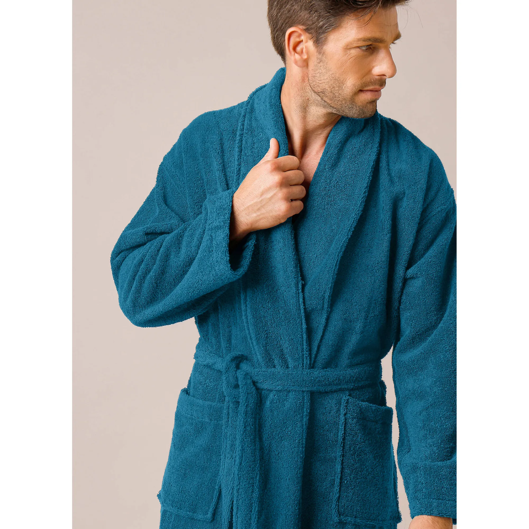 Badjas<Colombine Badjas in lusjesbadstof met sjaalkraag, unisex volwassenen pauwblauw
