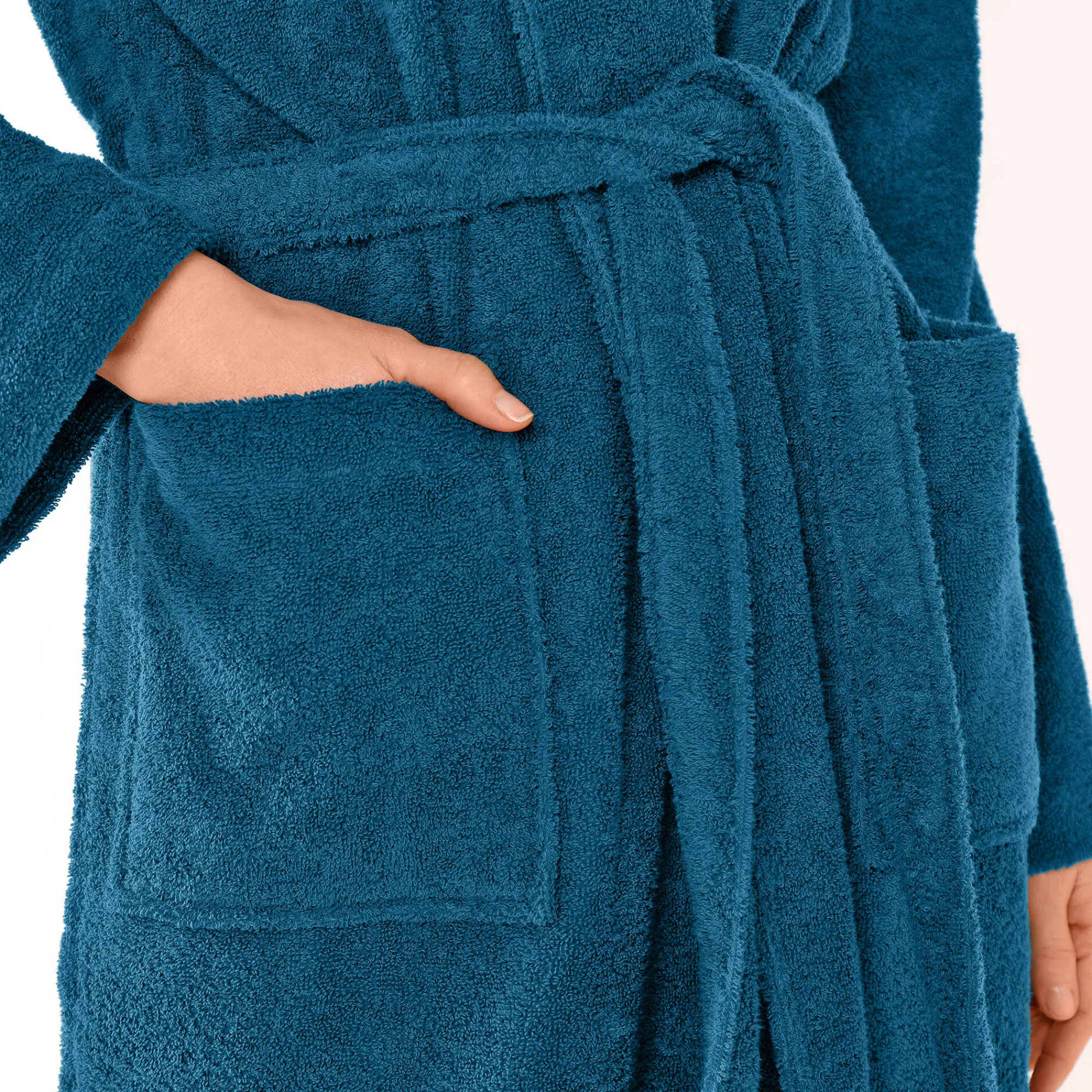 Badjas<Colombine Badjas in lusjesbadstof met sjaalkraag, unisex volwassenen pauwblauw