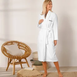 Badjas<Colombine Badjas in lusjesbadstof met sjaalkraag, volwassenen, personaliseerbaar wit