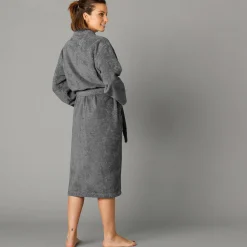 Badjas<Colombine Badjas in lusjesbadstof met kimonokraag, unisex volwassenen antraciet