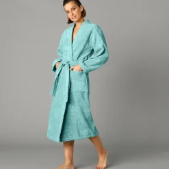 Badjas<Colombine Badjas in lusjesbadstof met kimonokraag, unisex volwassenen watergroen