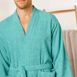 Badjas<Colombine Badjas in lusjesbadstof met kimonokraag, unisex volwassenen watergroen