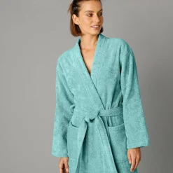 Badjas<Colombine Badjas in lusjesbadstof met kimonokraag, unisex volwassenen watergroen
