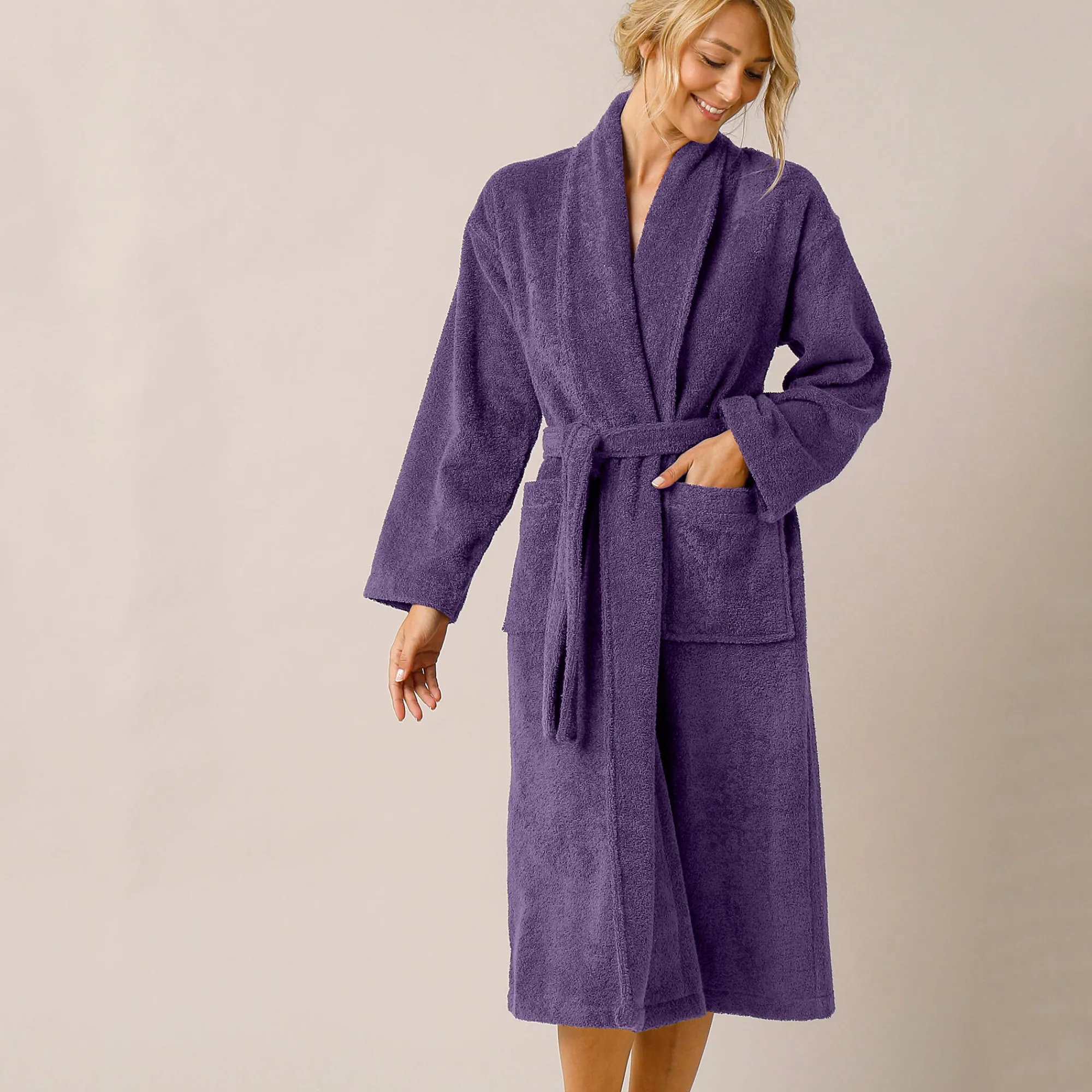 Badjas<Colombine Badjas in lusjesbadstof met sjaalkraag, unisex volwassenen aubergine