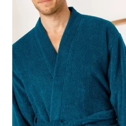 Badjas<Colombine Badjas in lusjesbadstof met kimonokraag, unisex volwassenen pauwblauw