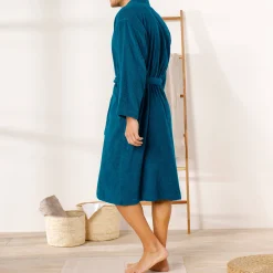 Badjas<Colombine Badjas in lusjesbadstof met kimonokraag, unisex volwassenen pauwblauw