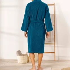 Badjas<Colombine Badjas in lusjesbadstof met kimonokraag, unisex volwassenen pauwblauw