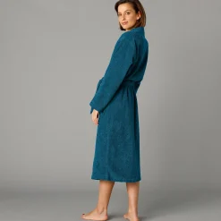 Badjas<Colombine Badjas in lusjesbadstof met kimonokraag, unisex volwassenen pauwblauw