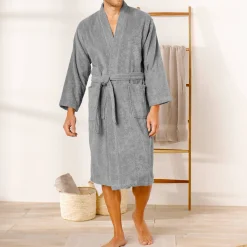 Badjas<Colombine Badjas in lusjesbadstof met kimonokraag, unisex volwassenen grijs