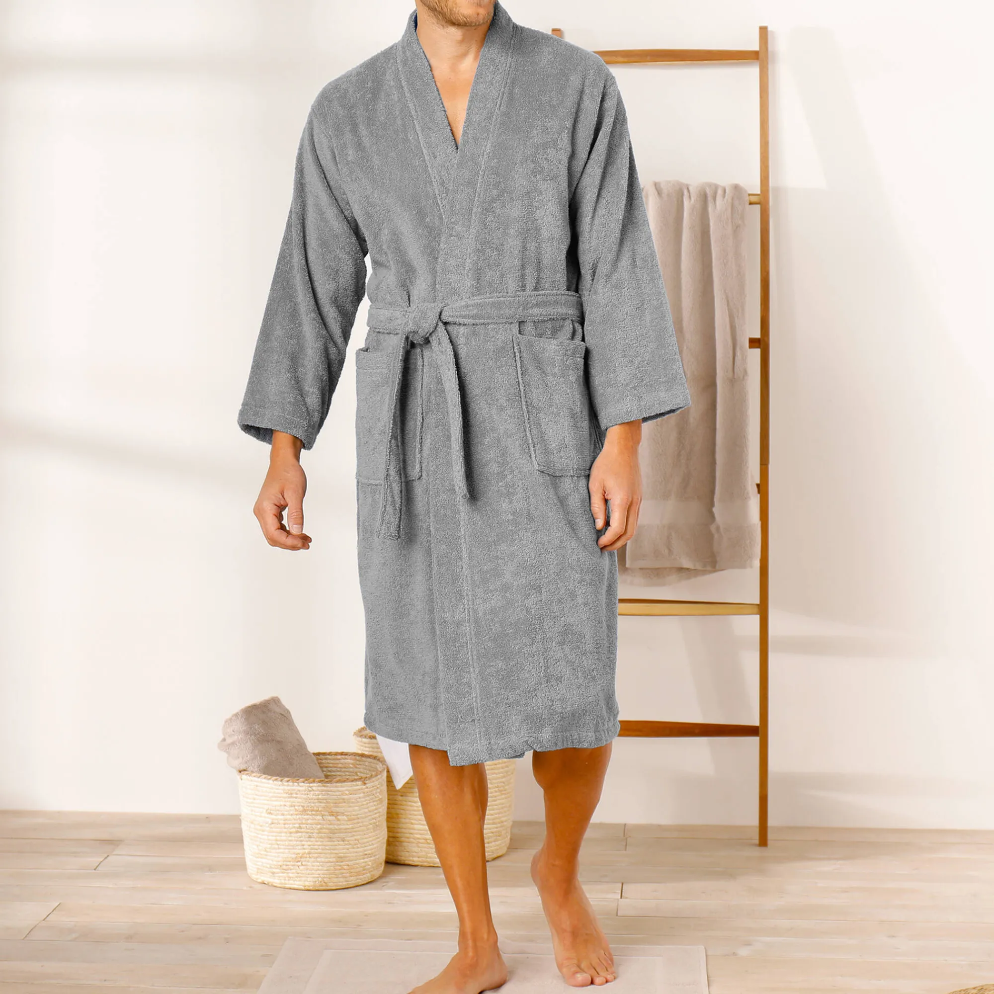 Badjas<Colombine Badjas in lusjesbadstof met kimonokraag, unisex volwassenen grijs