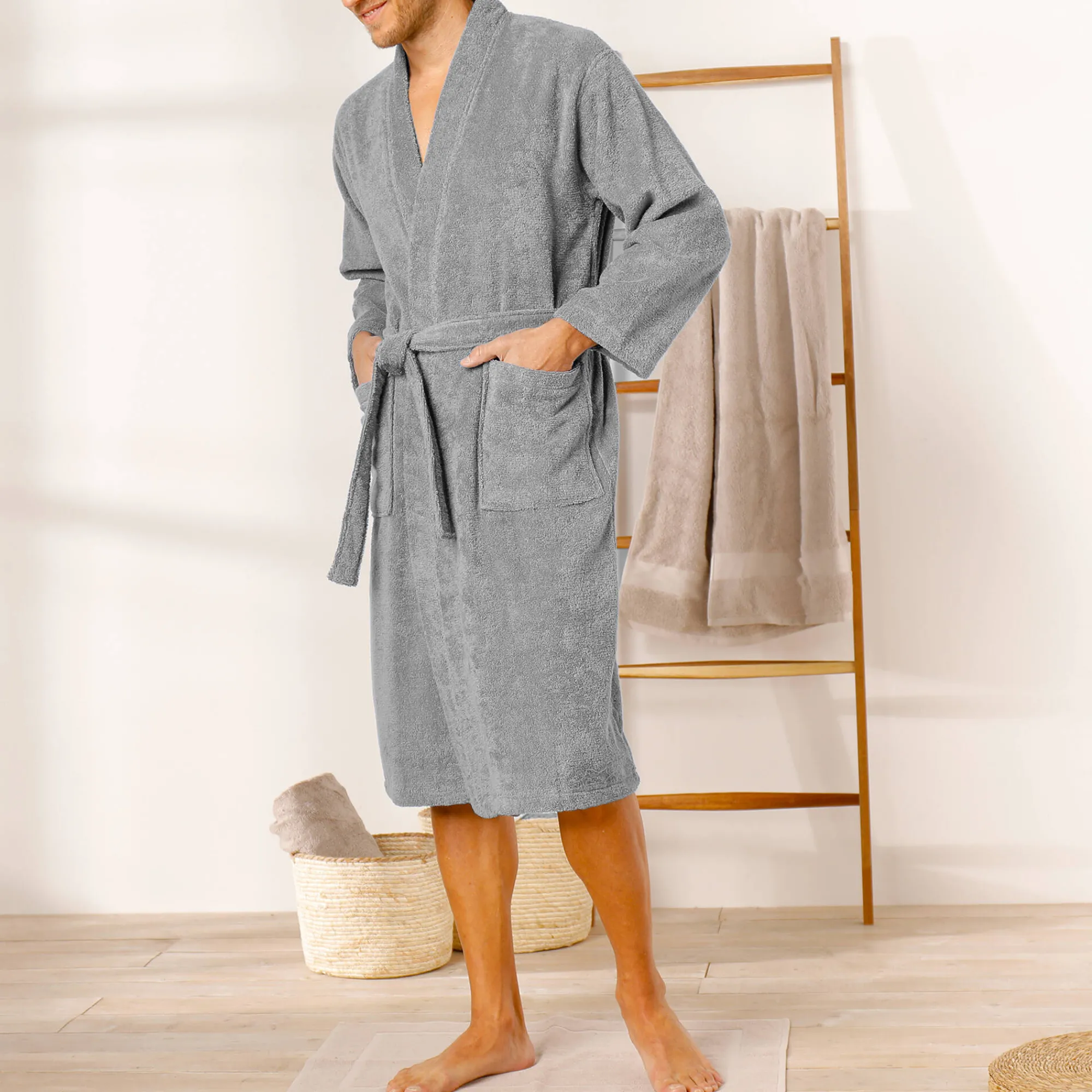 Badjas<Colombine Badjas in lusjesbadstof met kimonokraag, unisex volwassenen grijs