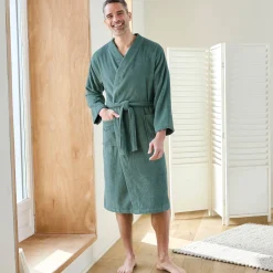 Badjas<Colombine Badjas in lusjesbadstof met kimonokraag, unisex volwassenen eucalyptus