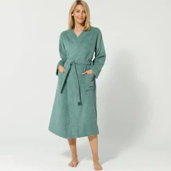 Badjas<Colombine Badjas in lusjesbadstof met kimonokraag, unisex volwassenen eucalyptus