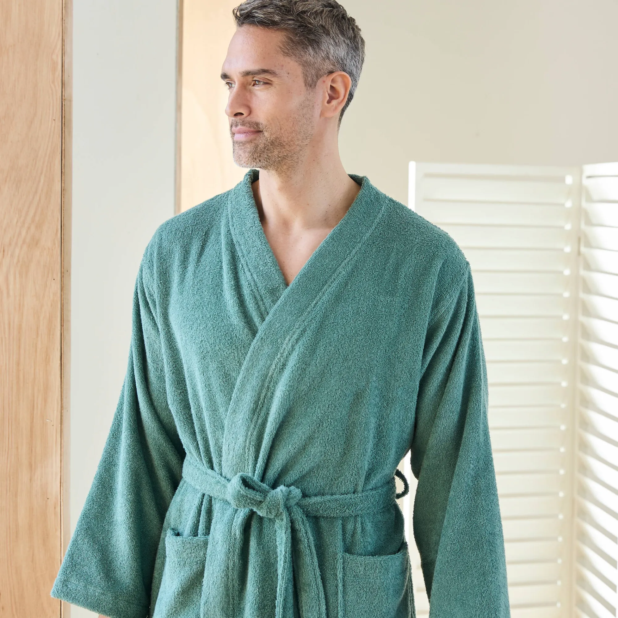 Badjas<Colombine Badjas in lusjesbadstof met kimonokraag, unisex volwassenen eucalyptus