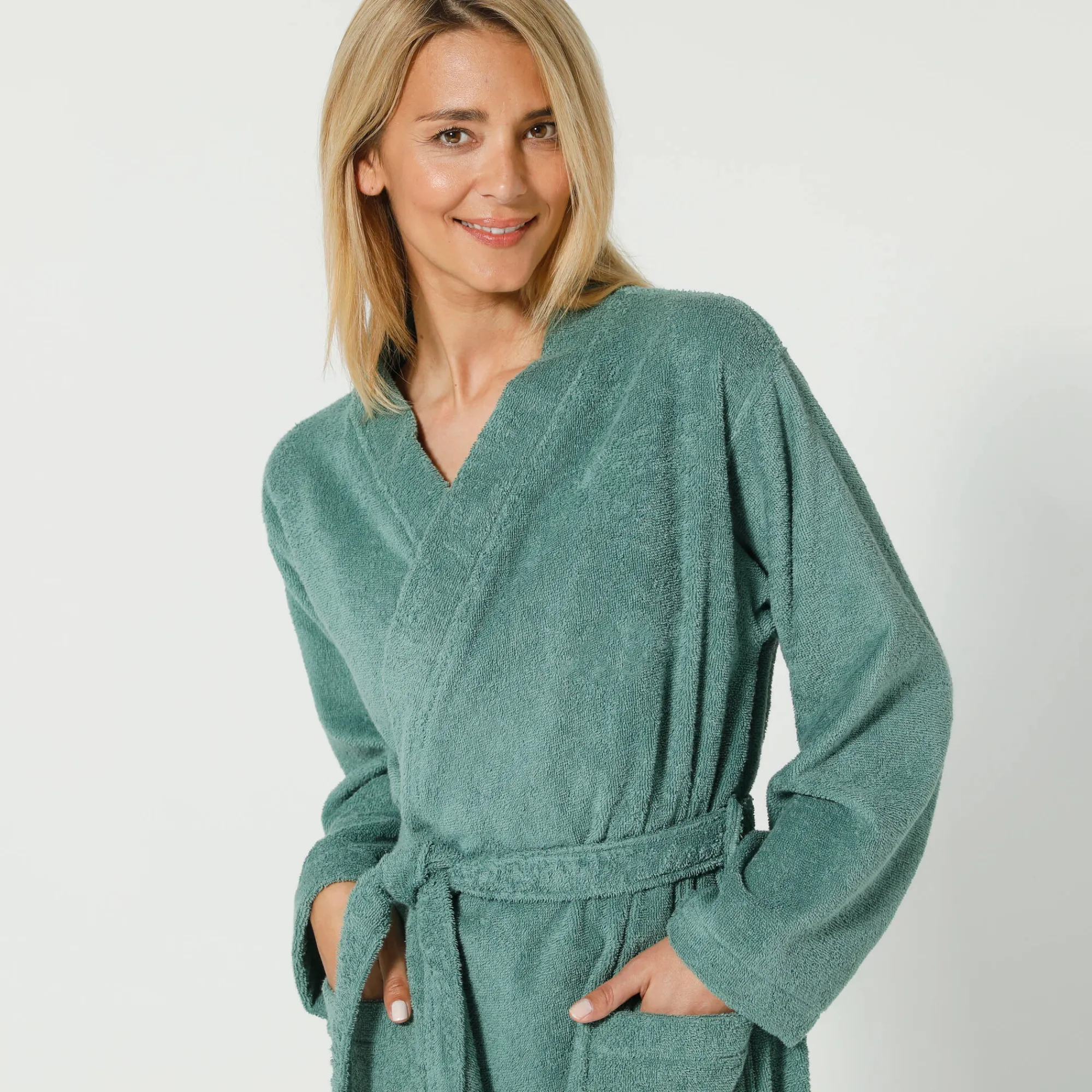 Badjas<Colombine Badjas in lusjesbadstof met kimonokraag, unisex volwassenen eucalyptus
