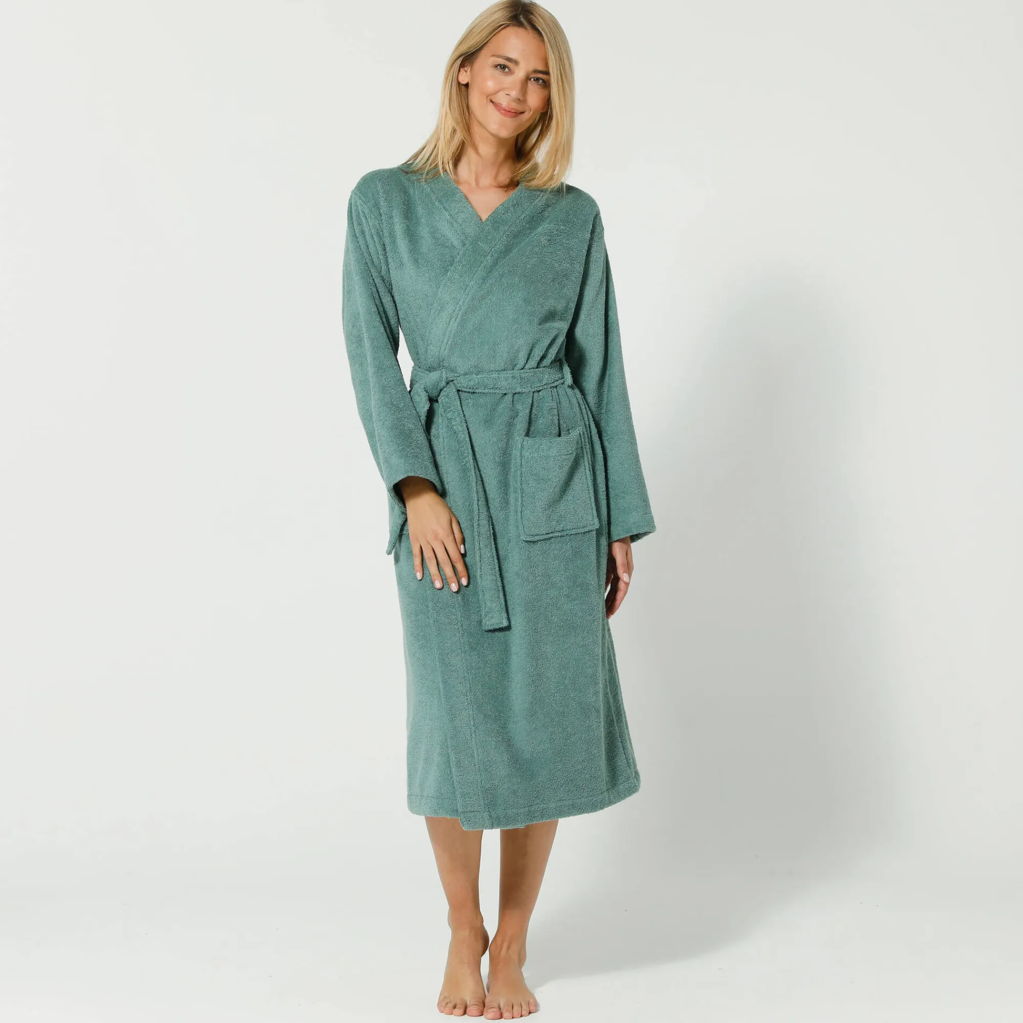 Badjas<Colombine Badjas in lusjesbadstof met kimonokraag, unisex volwassenen eucalyptus
