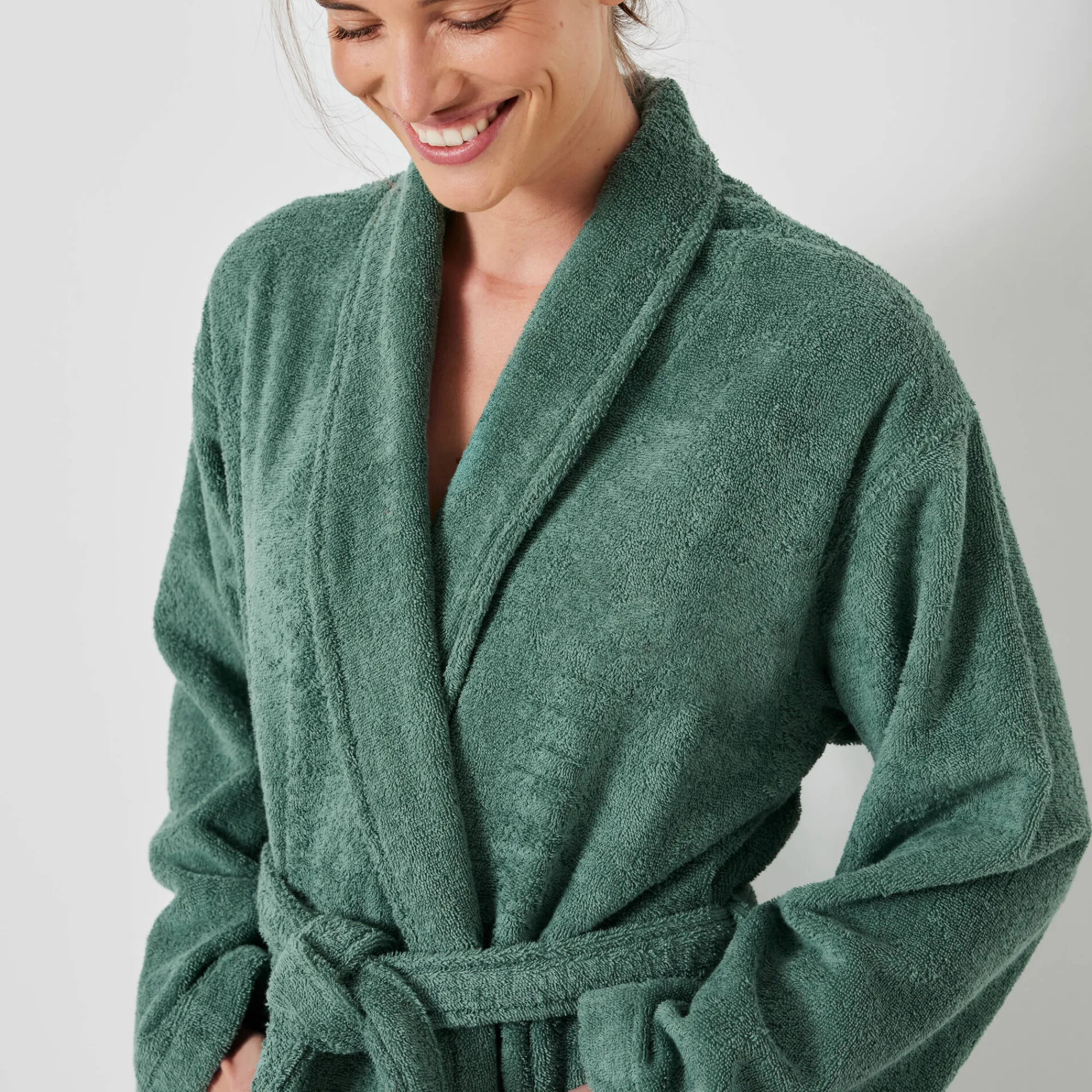 Badjas<Colombine Badjas in lusjesbadstof met sjaalkraag, unisex volwassenen eucalyptus