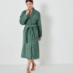 Badjas<Colombine Badjas in lusjesbadstof met sjaalkraag, unisex volwassenen eucalyptus