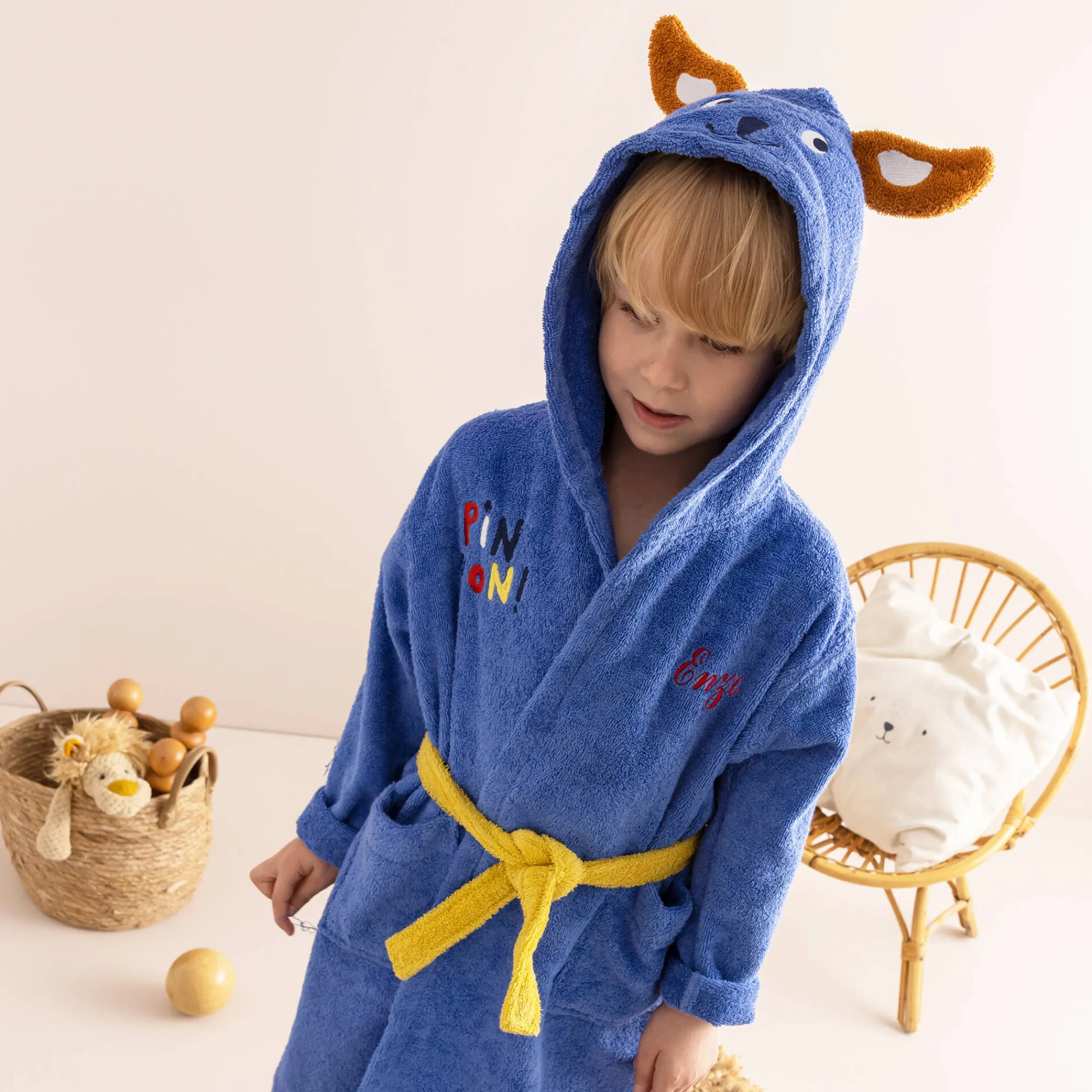 Badjas|Handdoek En Badlaken Kids<Colombine des petits Badjas voor kinderen, personaliseerbaar, Pin-pon, met kap felblauw