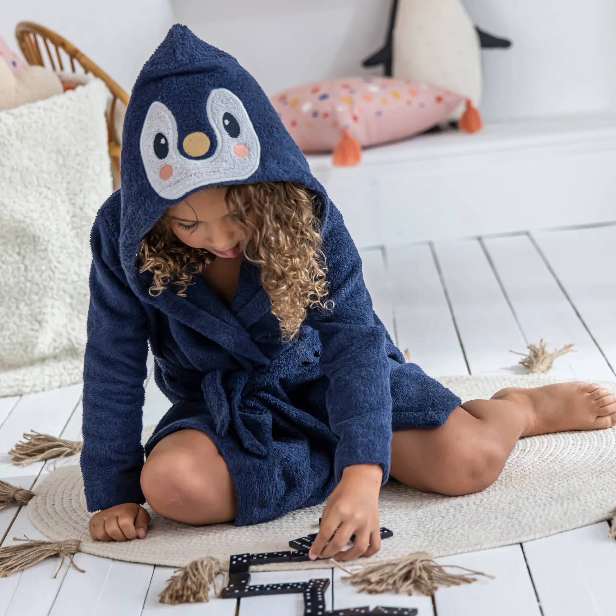 Badjas|Badjas Kids<Colombine des petits Badjas voor kinderen, Pinguïn met kap blauw