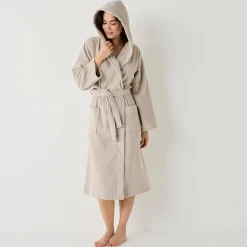 Badjas<Blancheporte Badjas voor volwassenen, unisex, kraag met 'snel droog' kap zandkleur