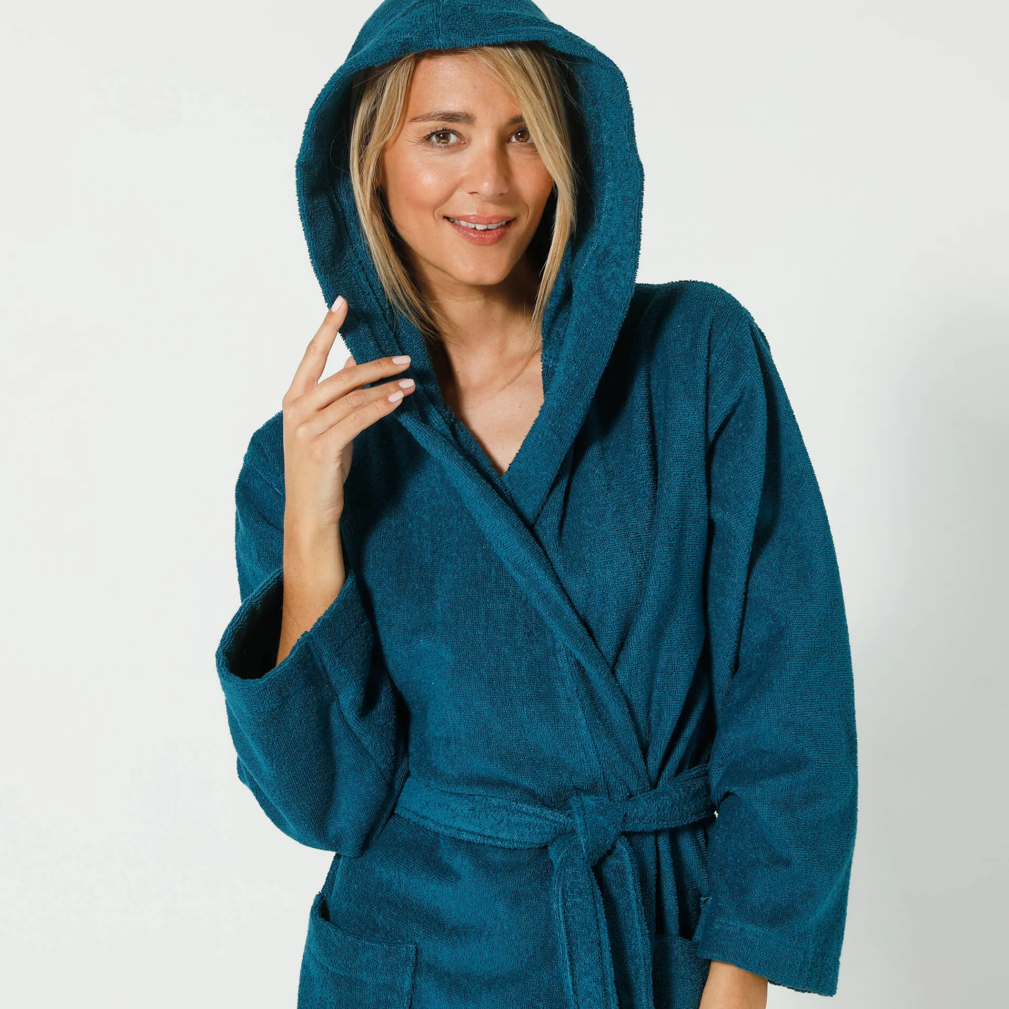 Badjas<Blancheporte Badjas voor volwassenen, unisex, kraag met 'snel droog' kap pauwblauw