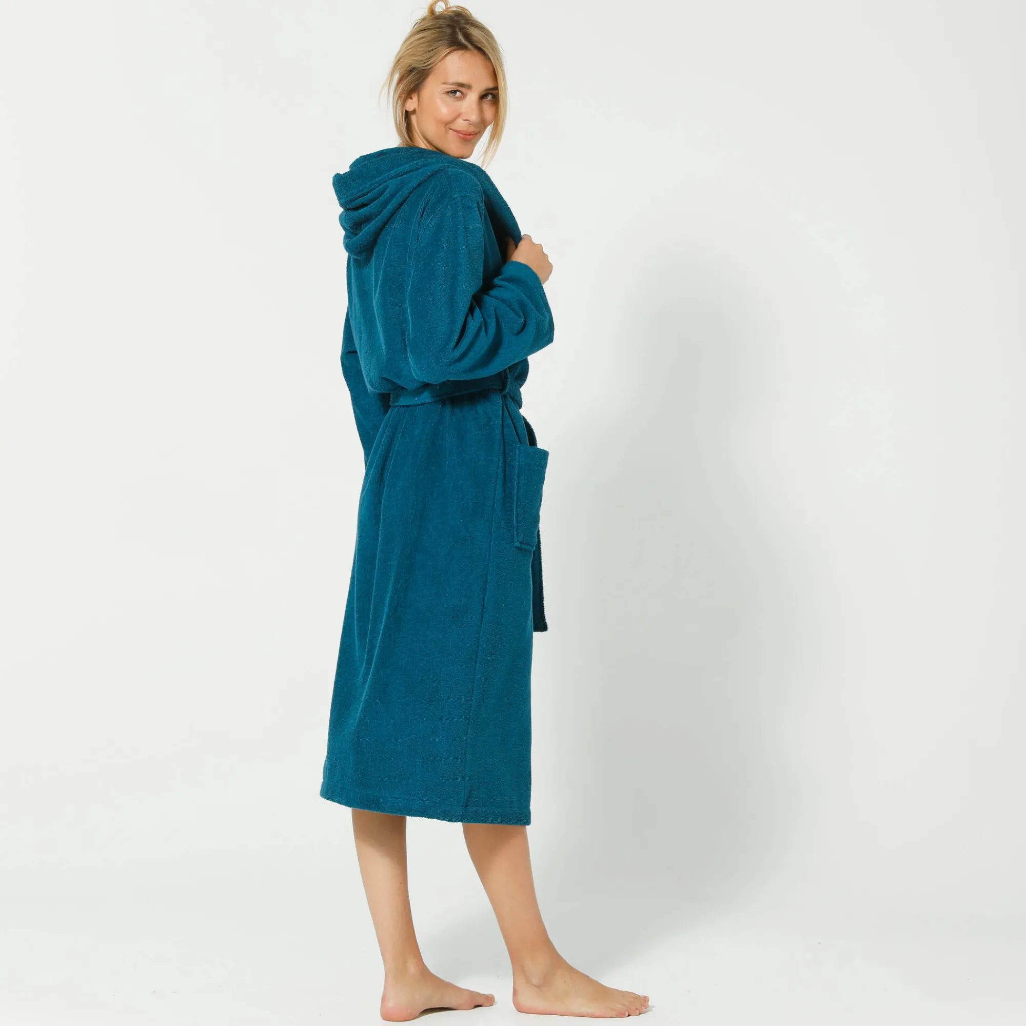 Badjas<Blancheporte Badjas voor volwassenen, unisex, kraag met 'snel droog' kap pauwblauw
