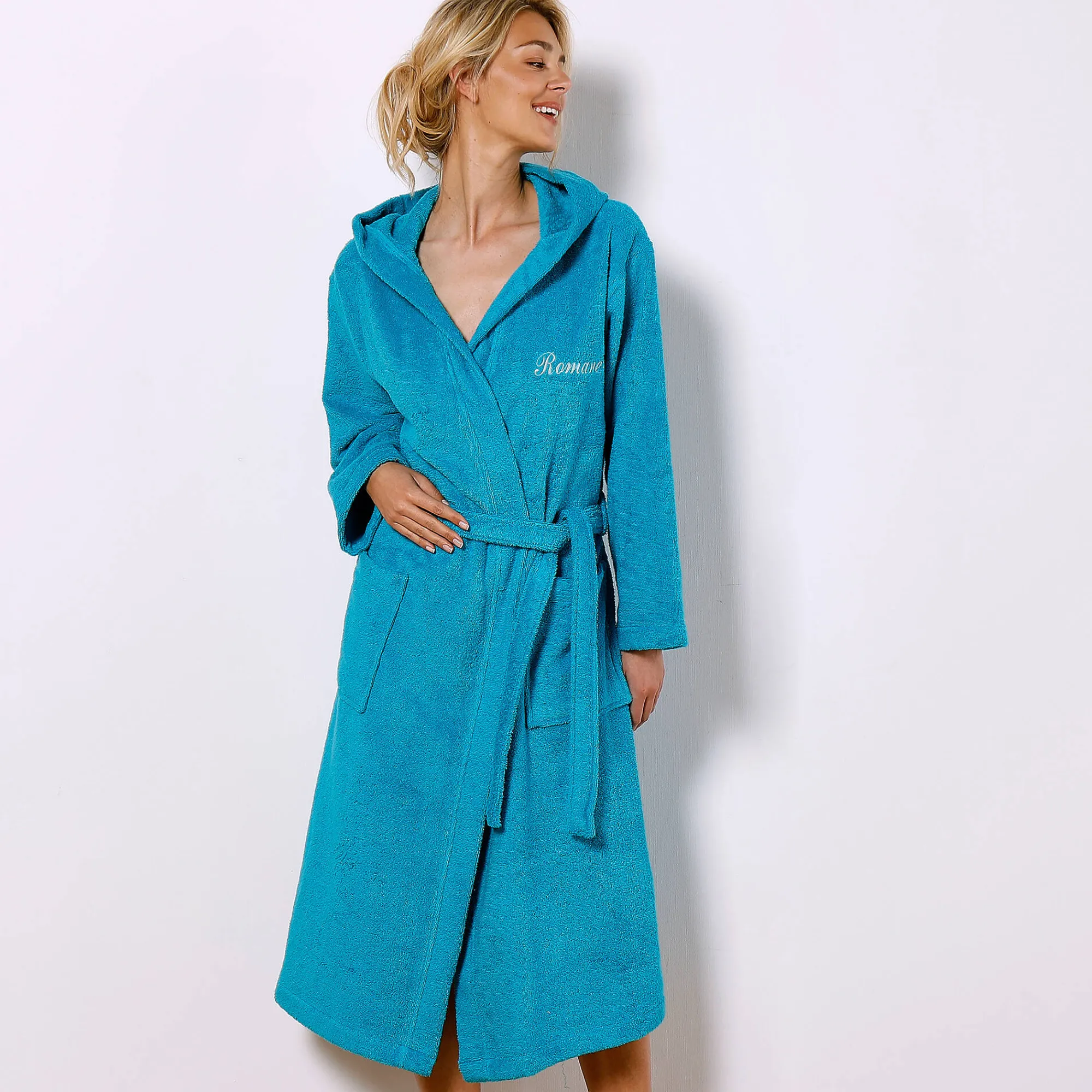 Badjas<Colombine Badjas voor volwassenen, unisex, lusjesbadstof, personaliseerbaar turkoois