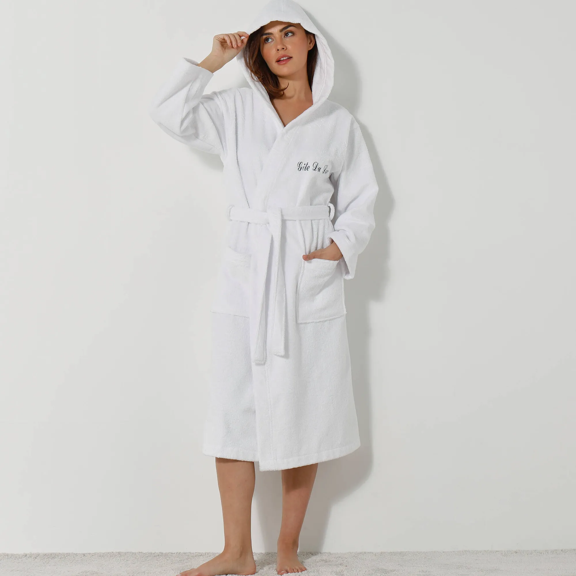Badjas<Colombine Badjas voor volwassenen, unisex, lusjesbadstof, personaliseerbaar wit