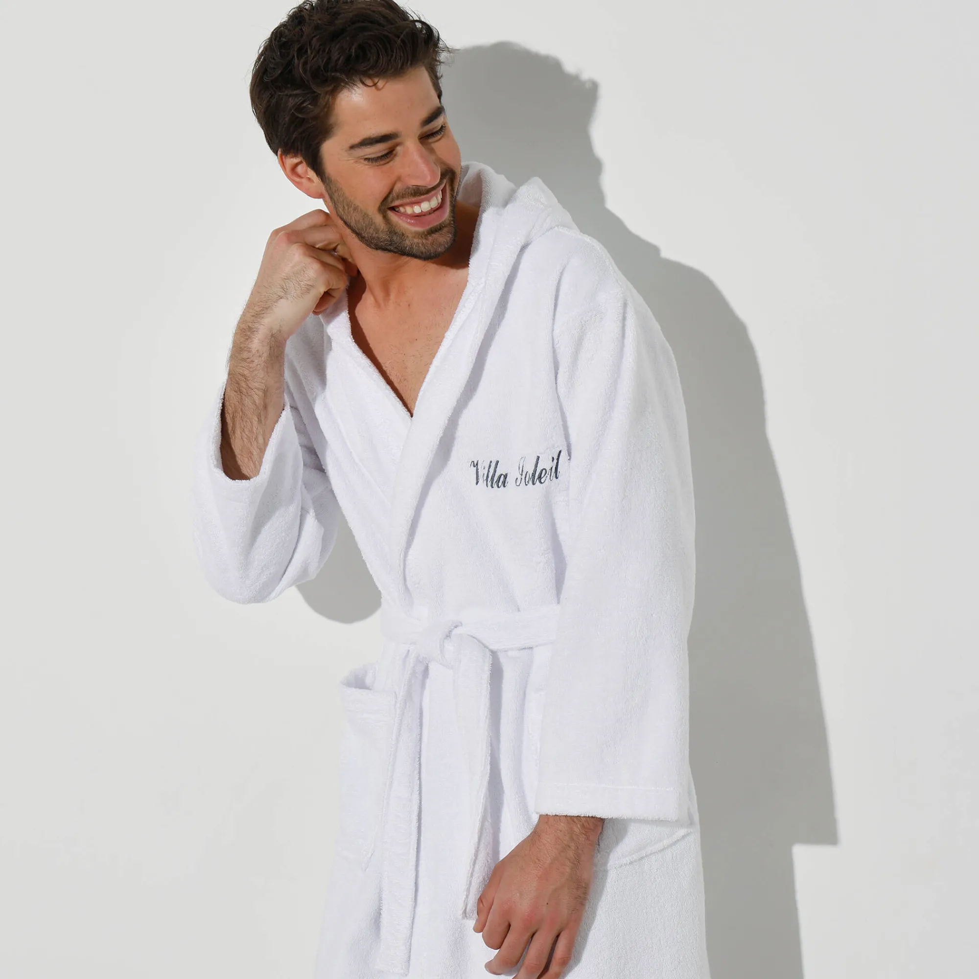 Badjas<Colombine Badjas voor volwassenen, unisex, lusjesbadstof, personaliseerbaar wit
