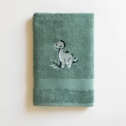 Washandje|Badhanddoek<Colombine des petits Badstofcollectie voor kinderen, geborduurd dinosaurusmotief, katoen - 380 g/m2 eucalyptus