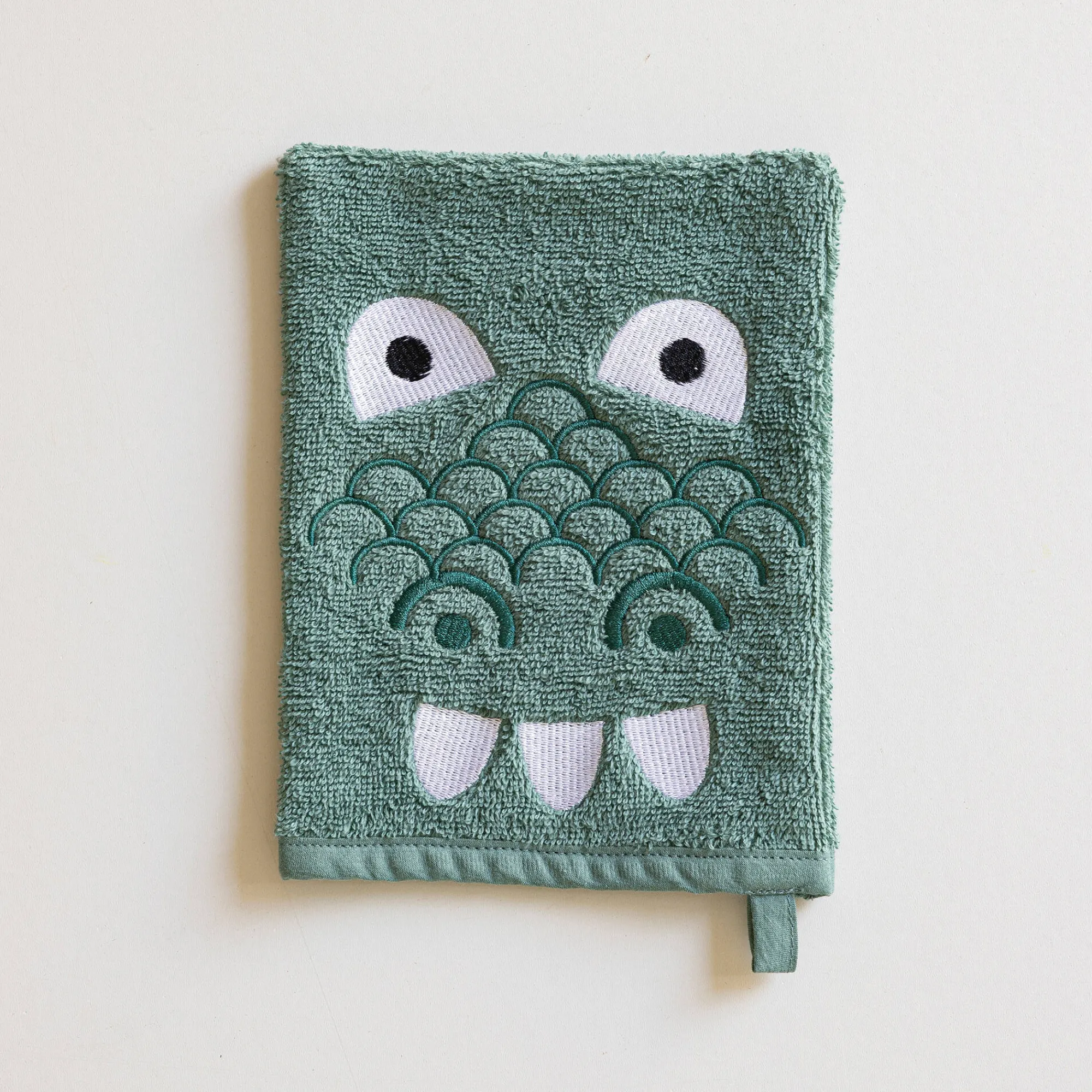 Washandje|Badhanddoek<Colombine des petits Badstofcollectie voor kinderen, geborduurd dinosaurusmotief, katoen - 380 g/m2 eucalyptus