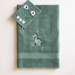 Washandje|Badhanddoek<Colombine des petits Badstofcollectie voor kinderen, geborduurd dinosaurusmotief, katoen - 380 g/m2 eucalyptus