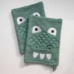 Washandje|Badhanddoek<Colombine des petits Badstofcollectie voor kinderen, geborduurd dinosaurusmotief, katoen - 380 g/m2 eucalyptus