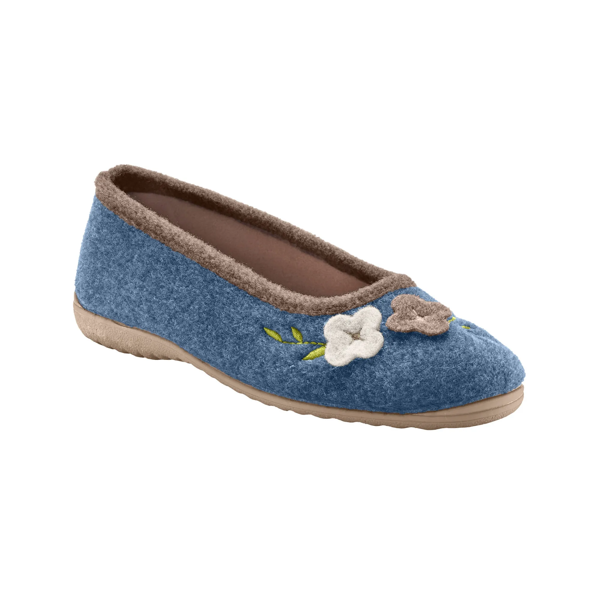 Sloffen|Sloffen<Blancheporte Ballerina's in wolvilt met opgelegde bloem indigo
