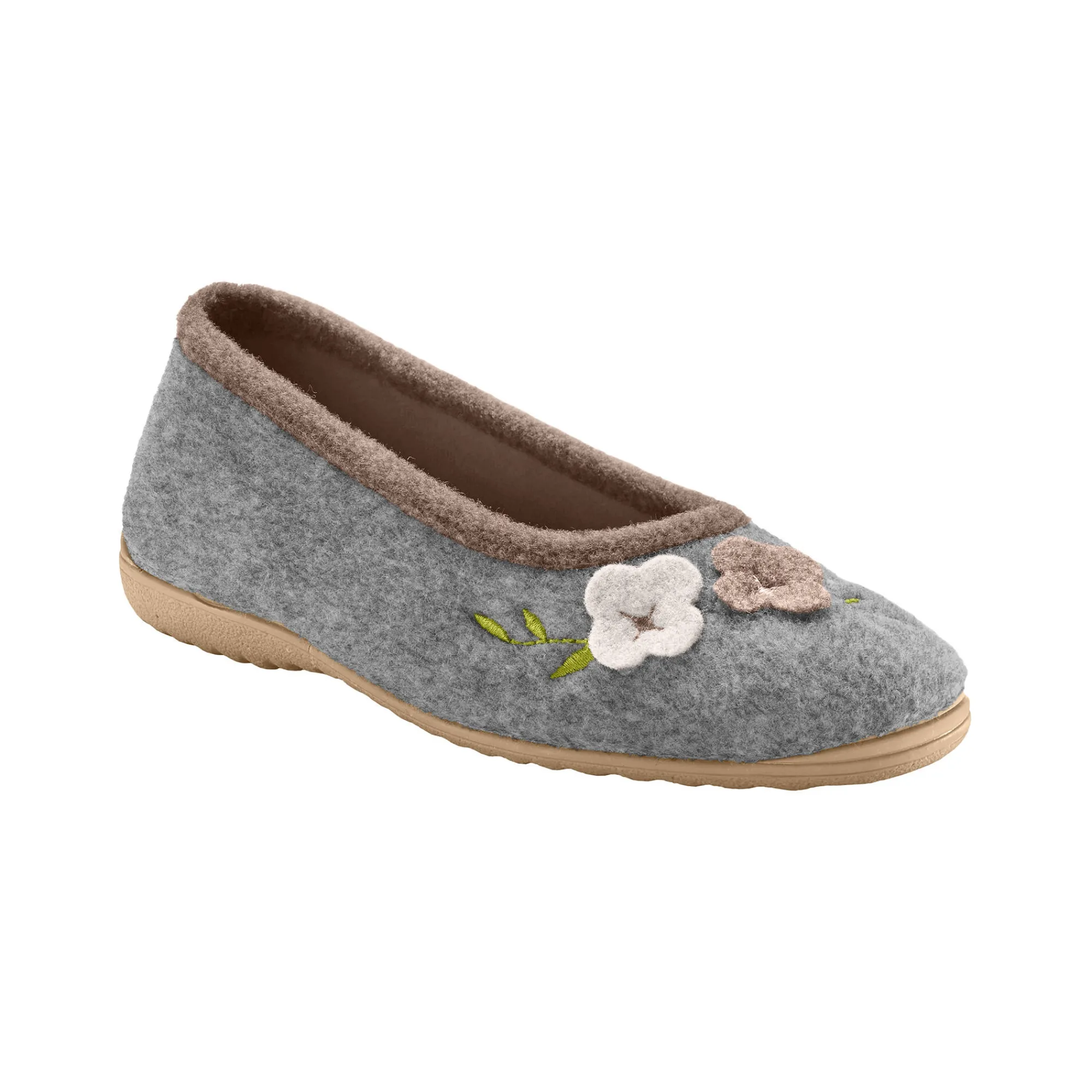 Sloffen|Sloffen<Blancheporte Ballerina's in wolvilt met opgelegde bloem chiné grijs