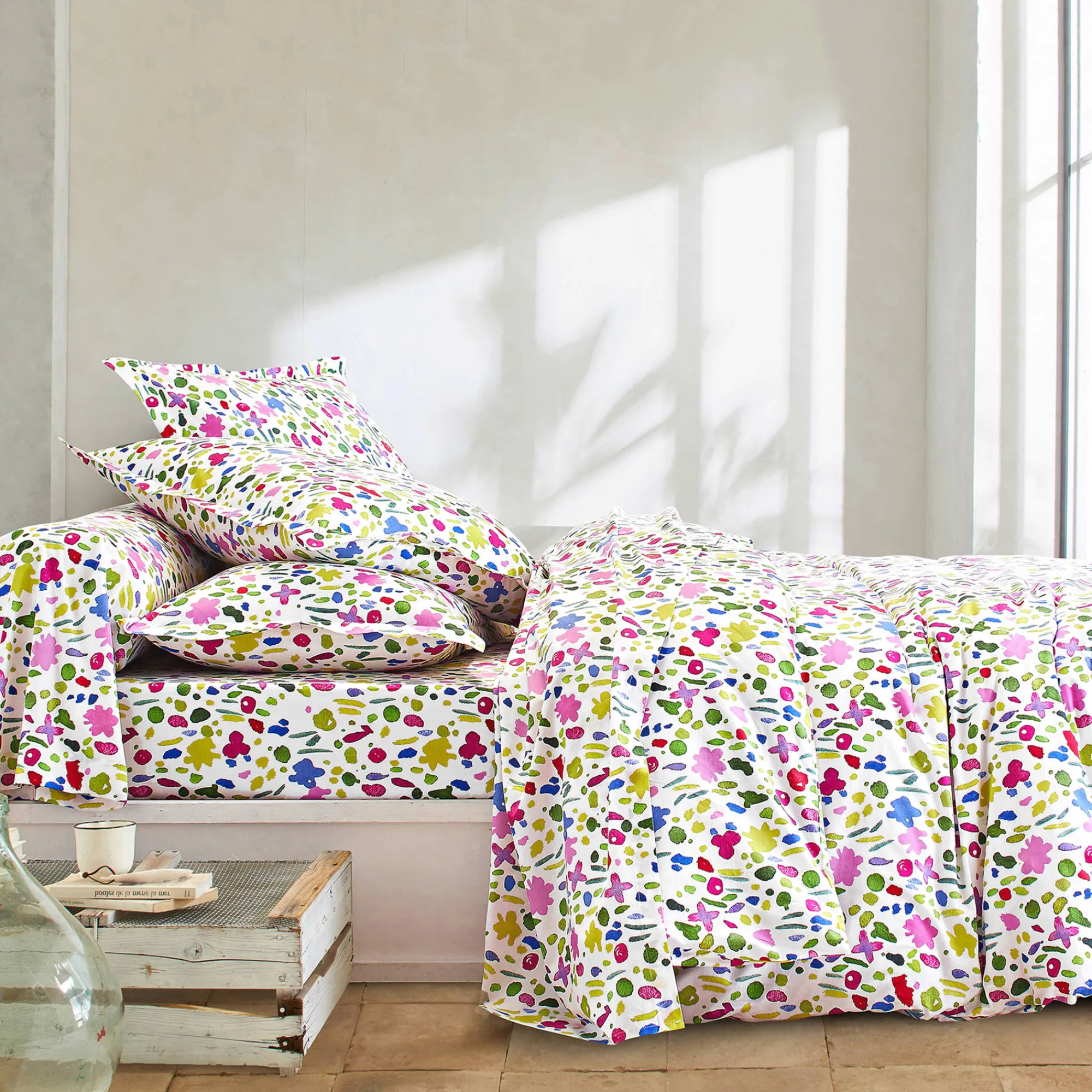 Fantasie Bedlinnen|Vlak Laken<Colombine Bedlinnen Aquarelle in katoen met bloemenprint wit