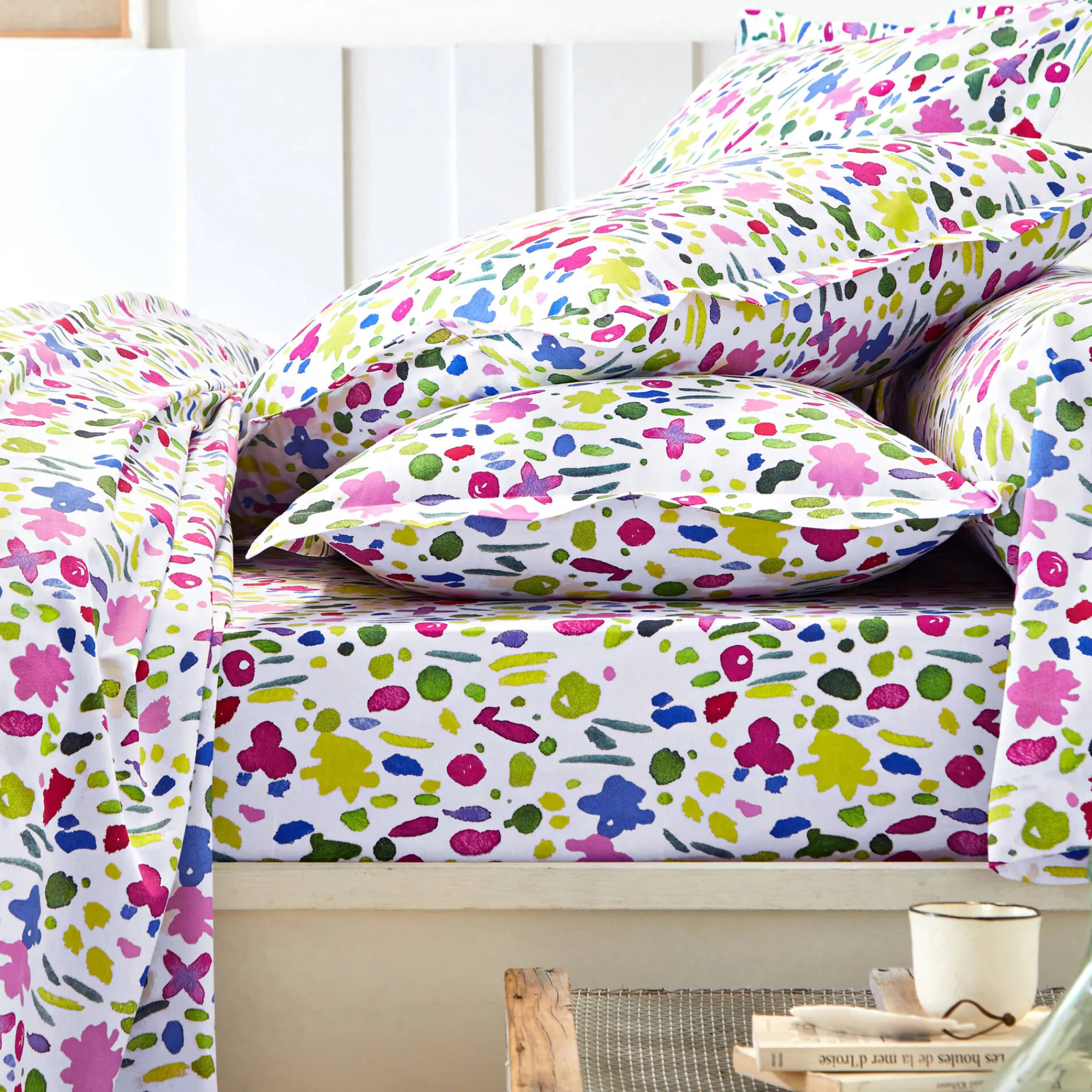 Fantasie Bedlinnen|Vlak Laken<Colombine Bedlinnen Aquarelle in katoen met bloemenprint wit