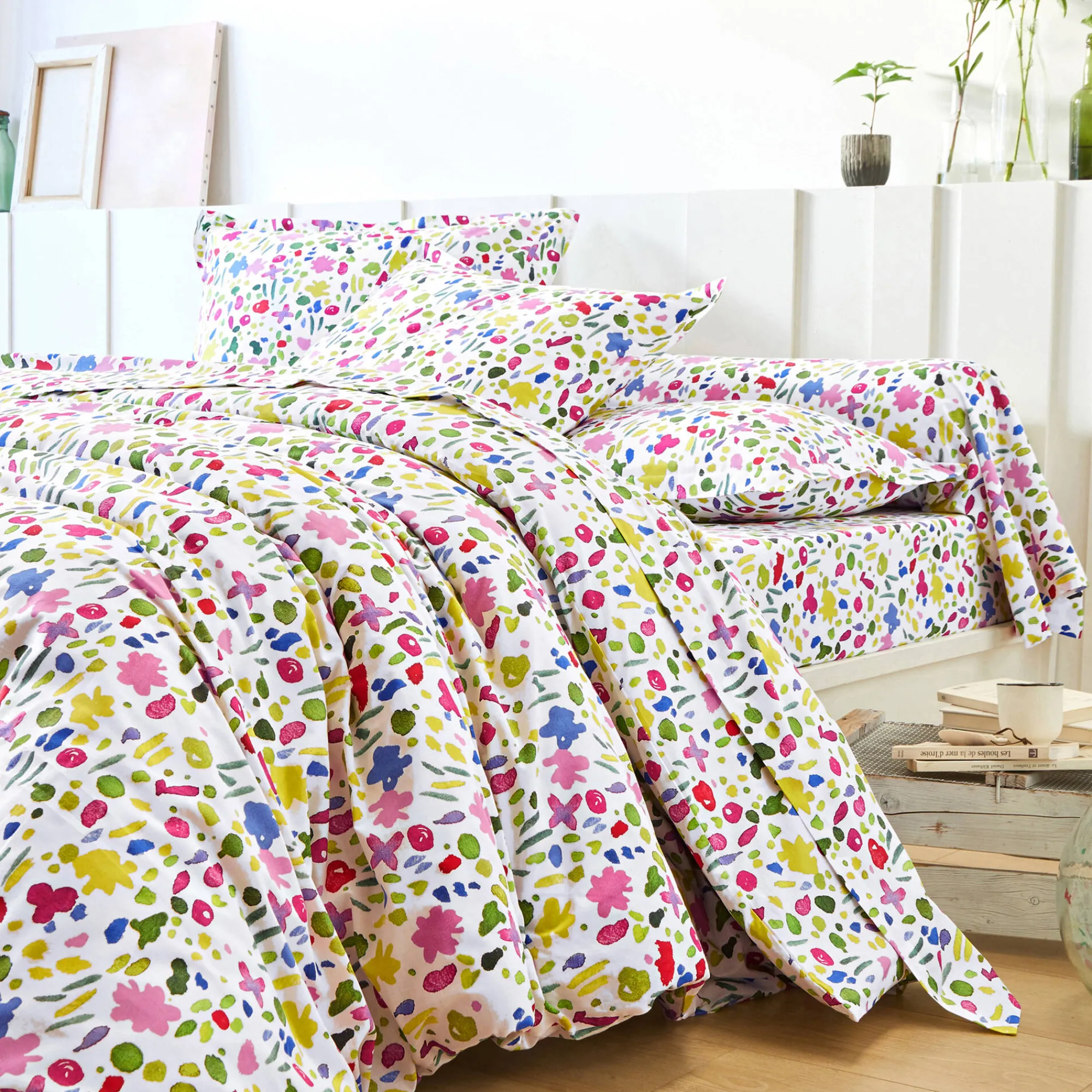 Fantasie Bedlinnen|Vlak Laken<Colombine Bedlinnen Aquarelle in katoen met bloemenprint wit