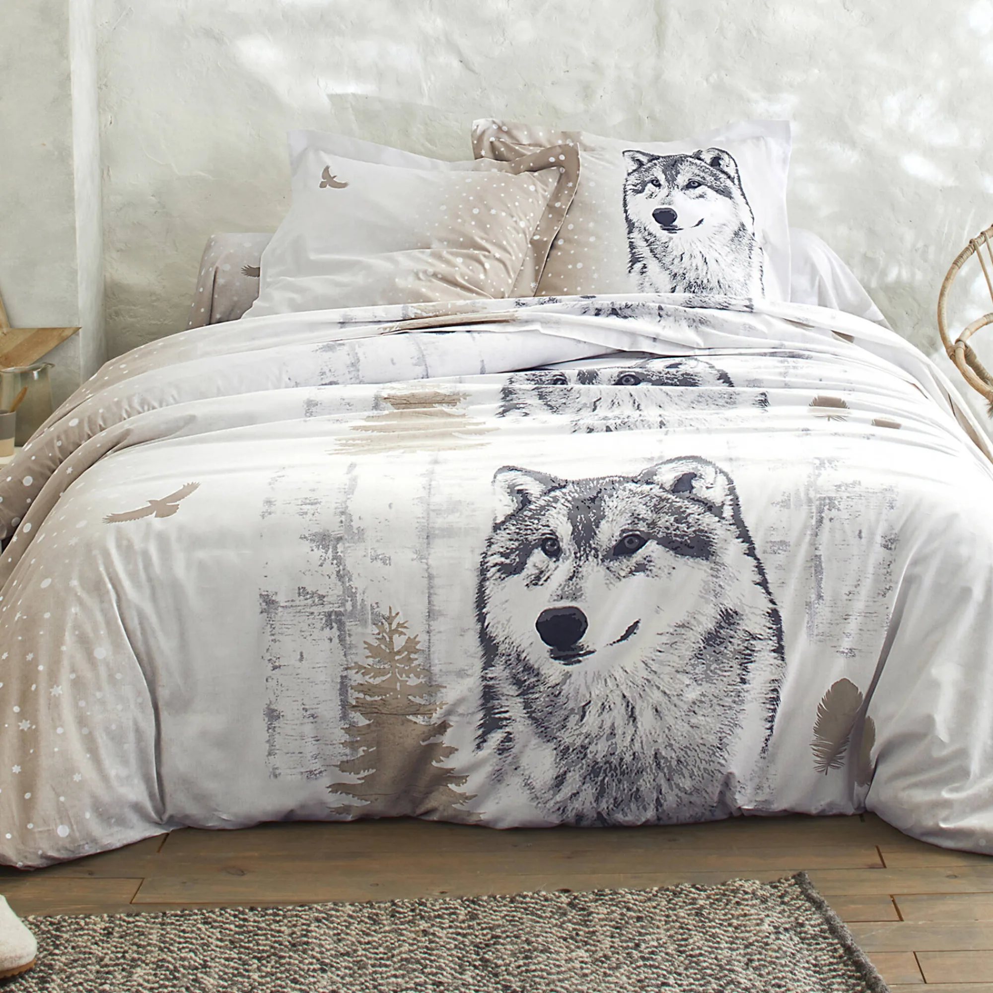 Fantasie Bedlinnen|Vlak Laken<Blancheporte Bedlinnen Artic in katoen met hond-wolf print taupe