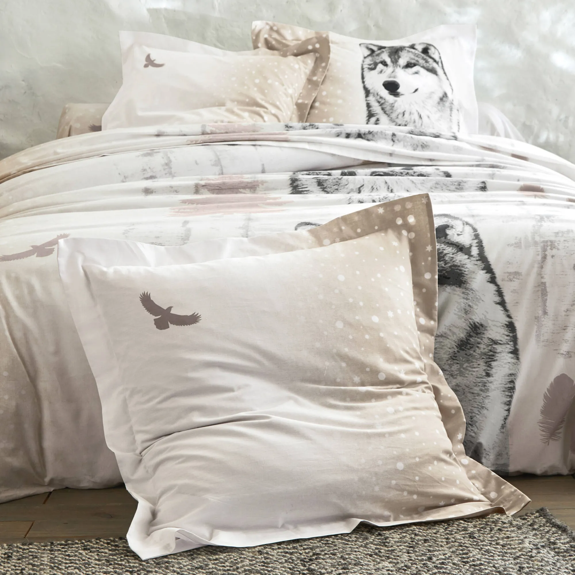 Fantasie Bedlinnen|Vlak Laken<Blancheporte Bedlinnen Artic in katoen met hond-wolf print taupe