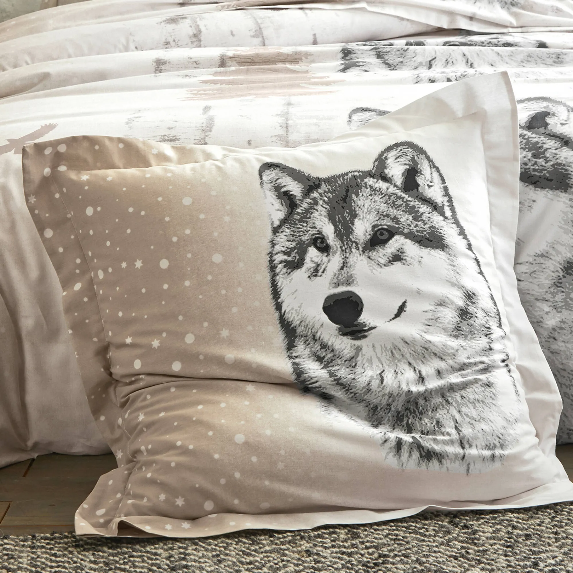 Fantasie Bedlinnen|Vlak Laken<Blancheporte Bedlinnen Artic in katoen met hond-wolf print taupe
