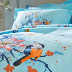 Fantasie Bedlinnen|Vlak Laken<Colombine Bedlinnen Birdy in katoen met vogelprint laguneblauw