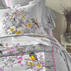Fantasie Bedlinnen|Vlak Laken<Colombine Bedlinnen Birdy in katoen met vogelprint grijs