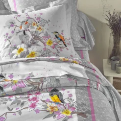 Fantasie Bedlinnen|Vlak Laken<Colombine Bedlinnen Birdy in katoen met vogelprint grijs